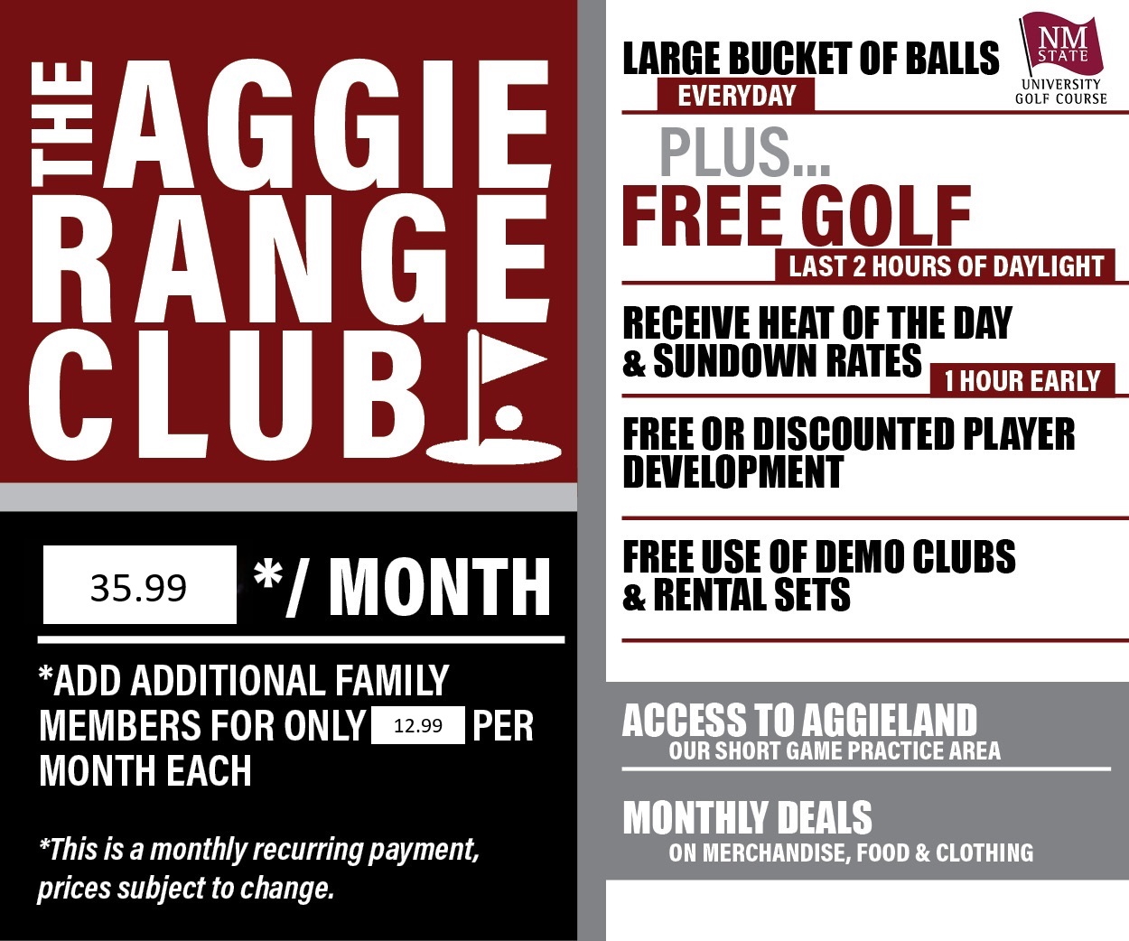 Promotional flyer for The Aggie Range Club, highlighting membership benefits such as free golf, discounted development, and access to exclusive deals.